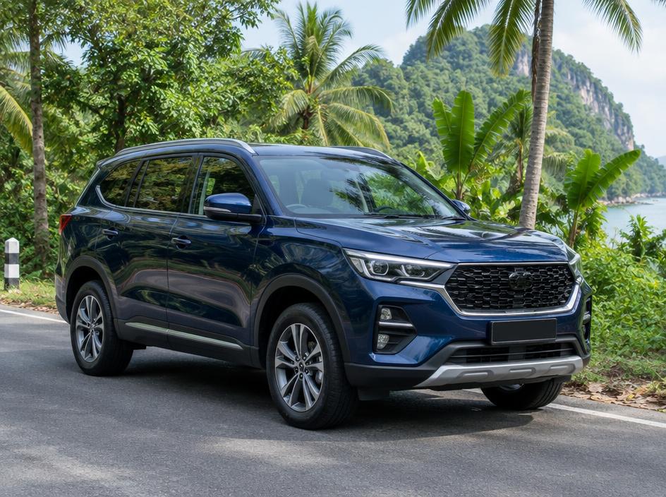 רכב SUV כחול בכביש סלול ליד ג׳ונגל טרופי